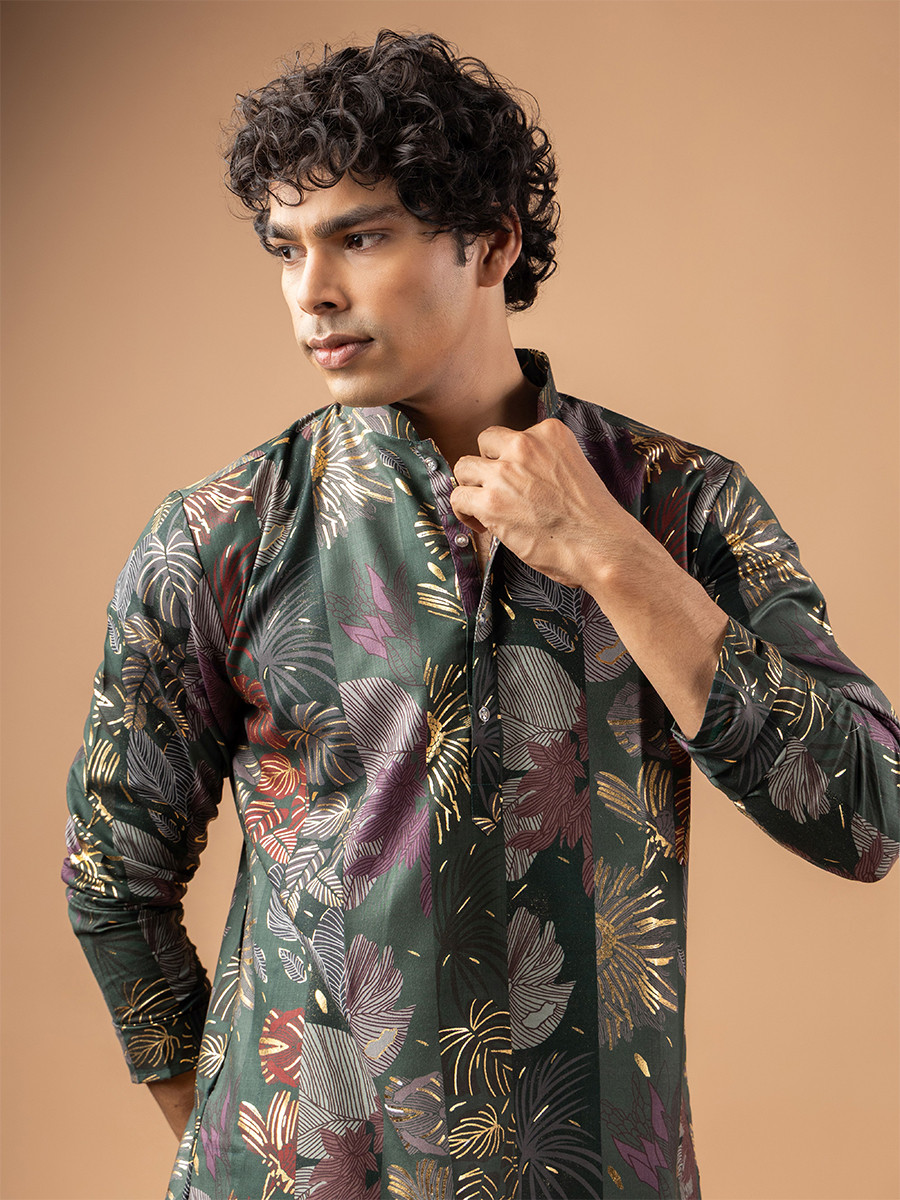 Grey Magnet Printed Wedding Festival Party Wear Casual Mens Kurta