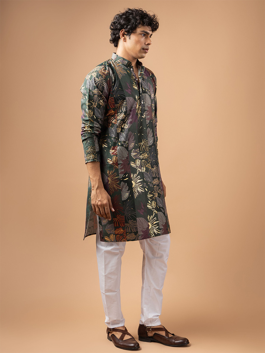 Grey Magnet Printed Wedding Festival Party Wear Casual Mens Kurta