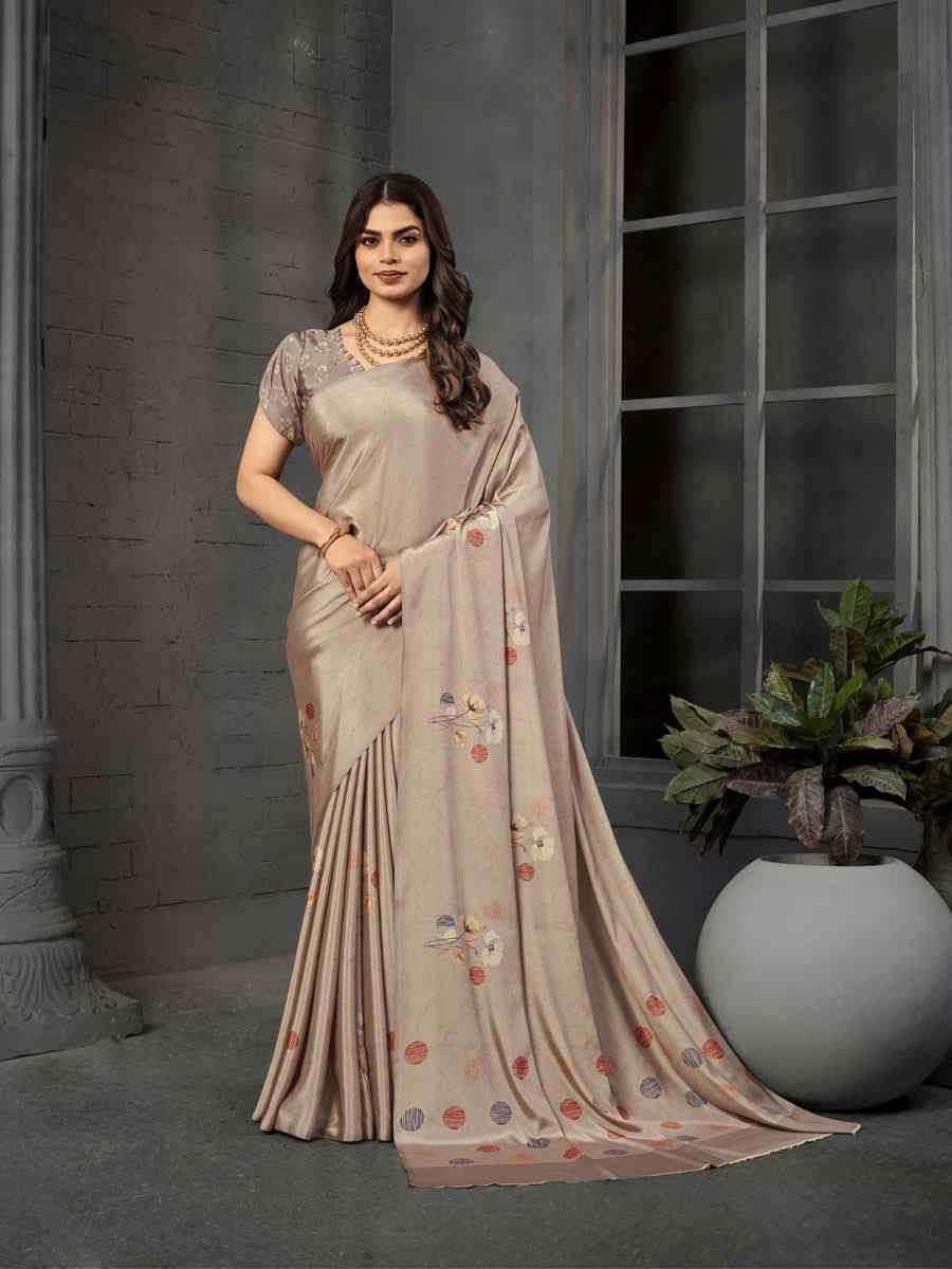 Grey Malai Crepe Silk Printed Casual Reception Festival Wedding Fancy Classic Style Sarees