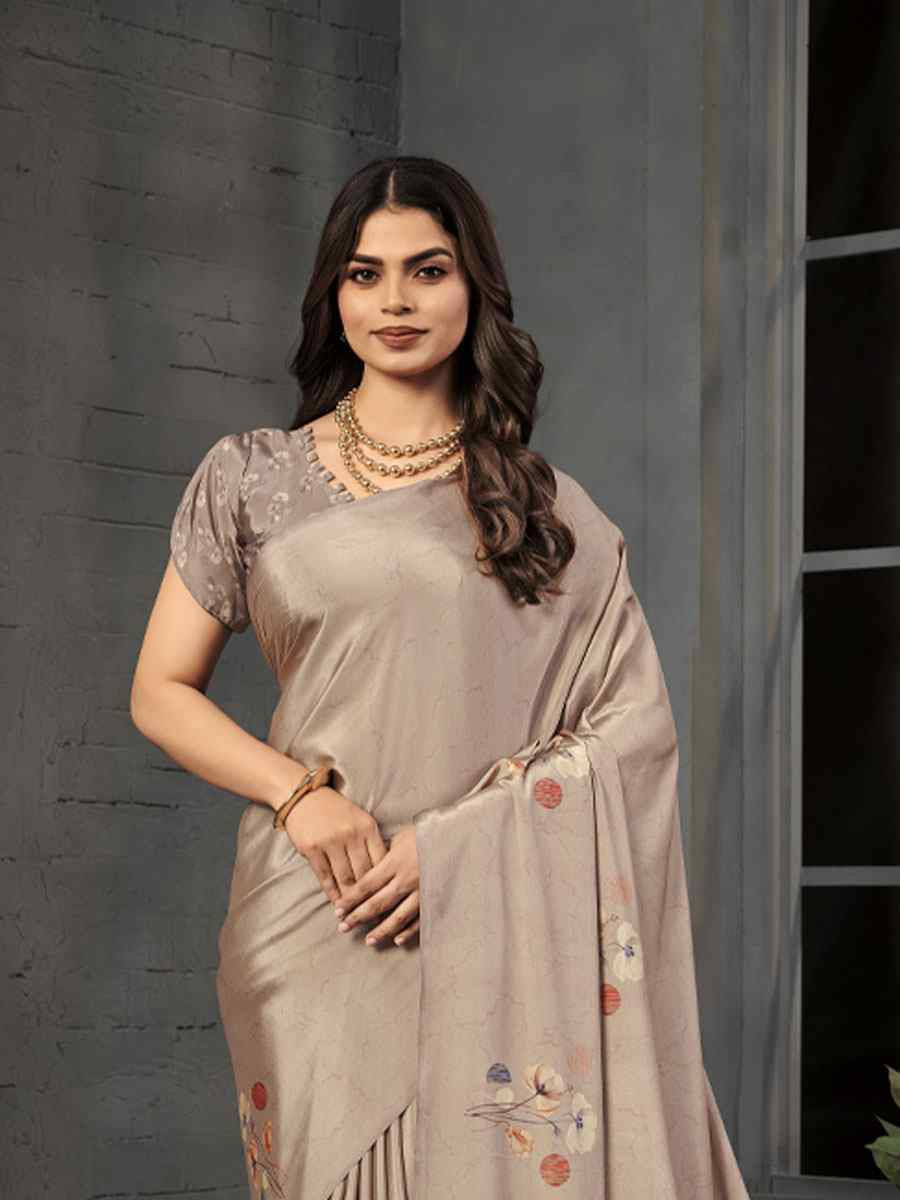 Grey Malai Crepe Silk Printed Casual Reception Festival Wedding Fancy Classic Style Sarees
