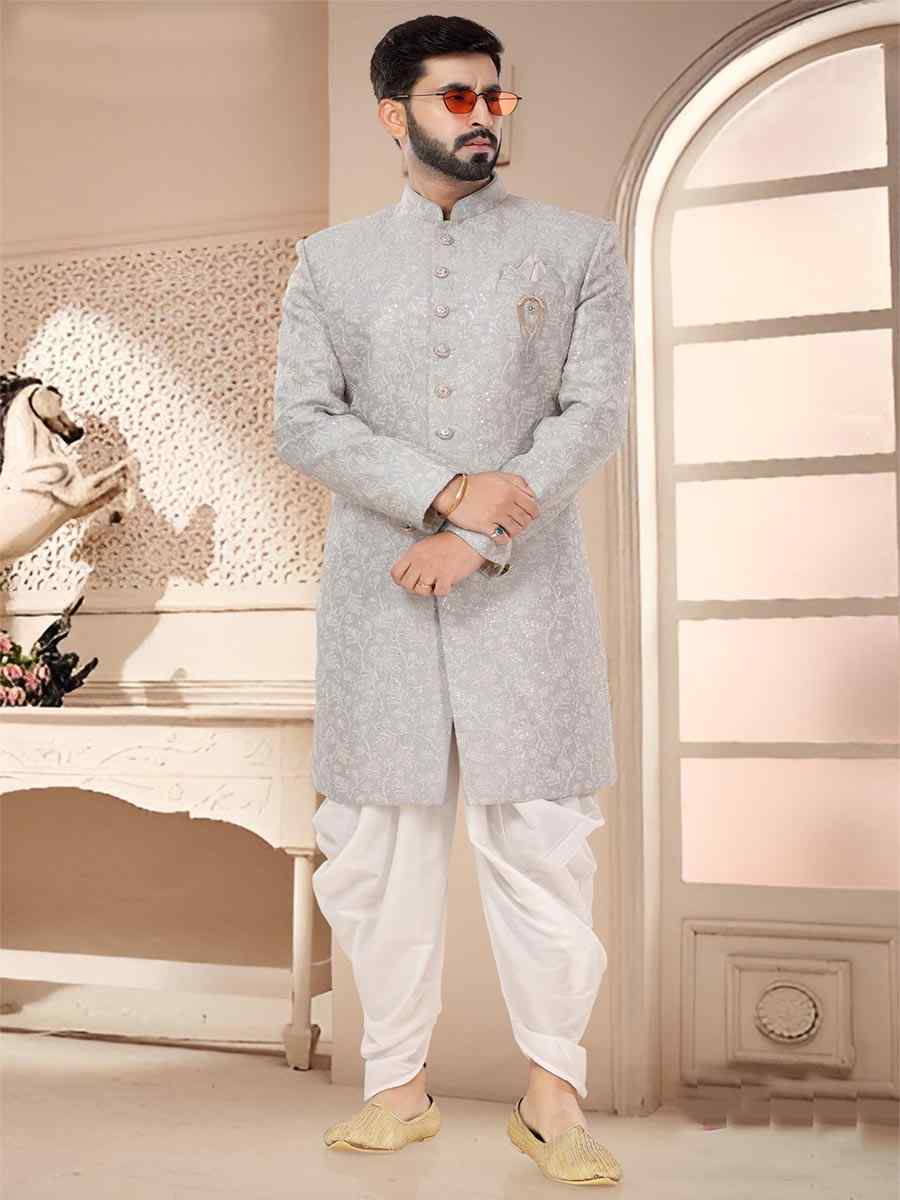 Grey Malai Silk Woven Festival Wedding Kurta