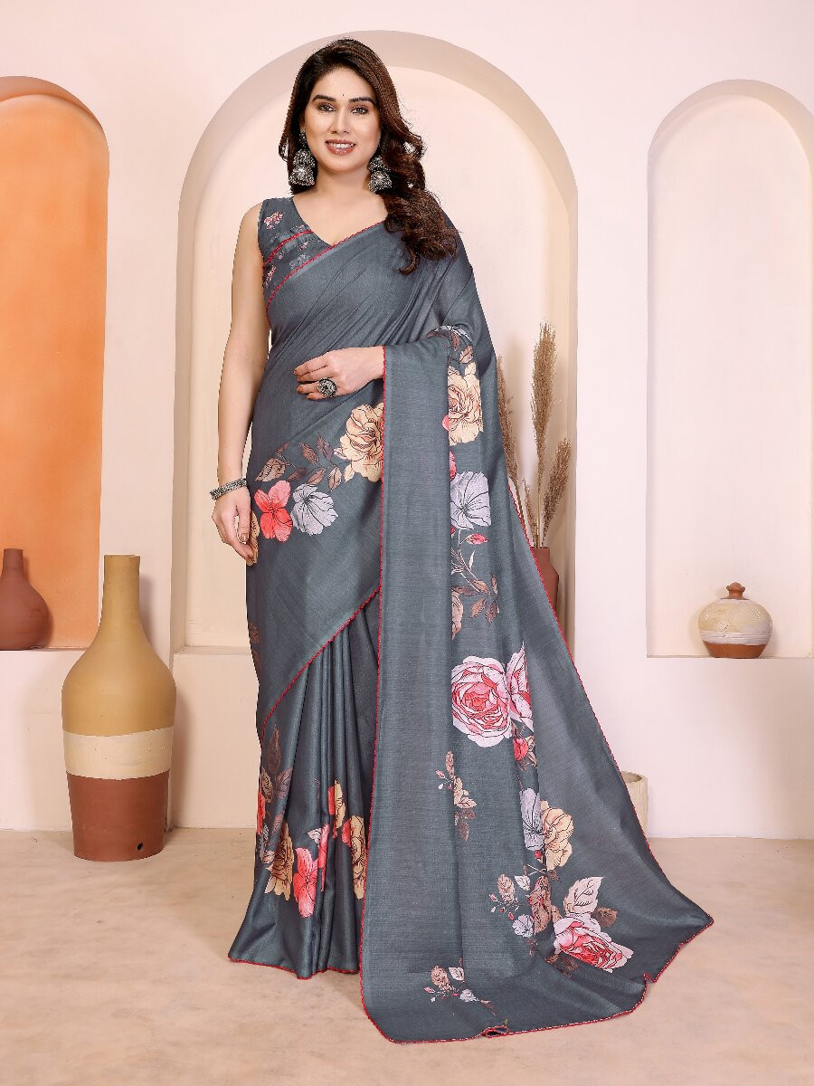 Grey Manipuri Digital Printed Wedding Reception Party Festival Casual Heavy Border Sarees