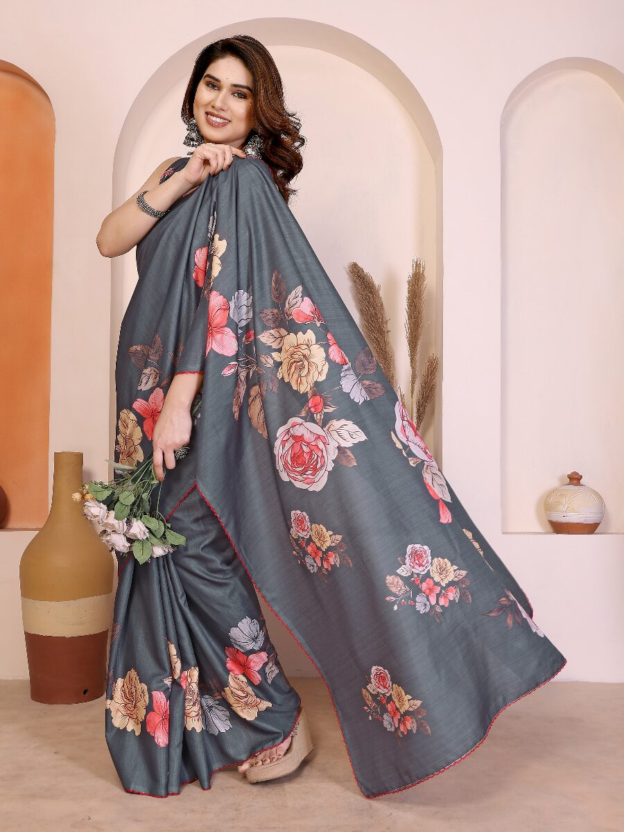Grey Manipuri Digital Printed Wedding Reception Party Festival Casual Heavy Border Sarees
