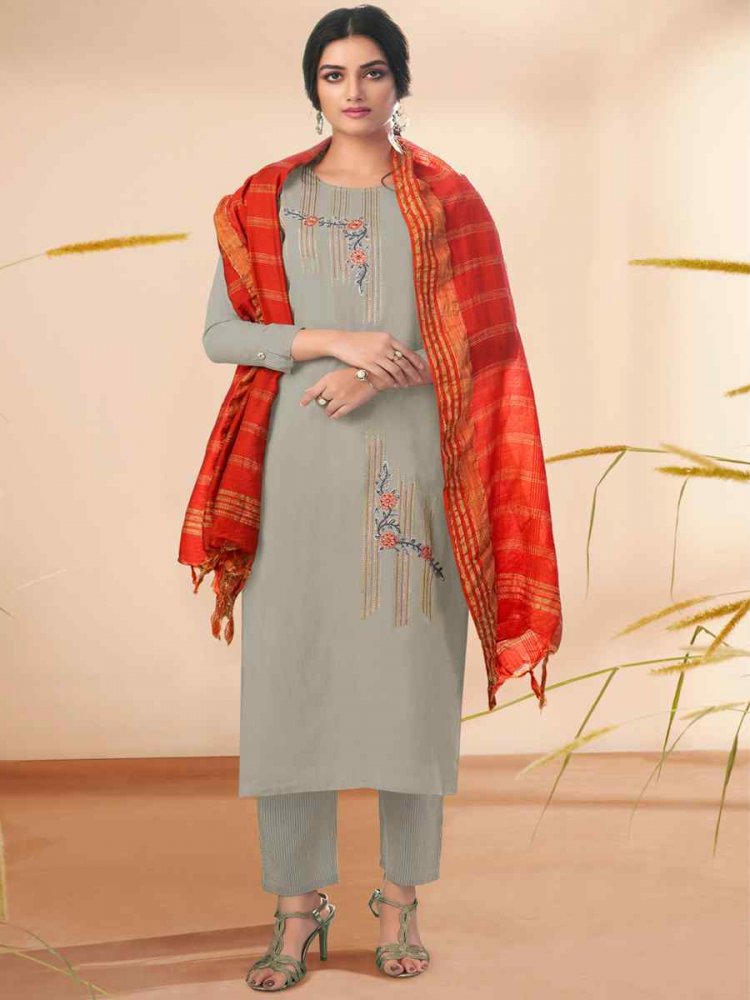 Grey Massert Cotton Embroidered Festival Casual Ready Pant Salwar Kameez