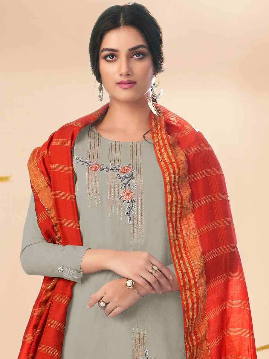 Grey Massert Cotton Embroidered Festival Casual Ready Pant Salwar Kameez