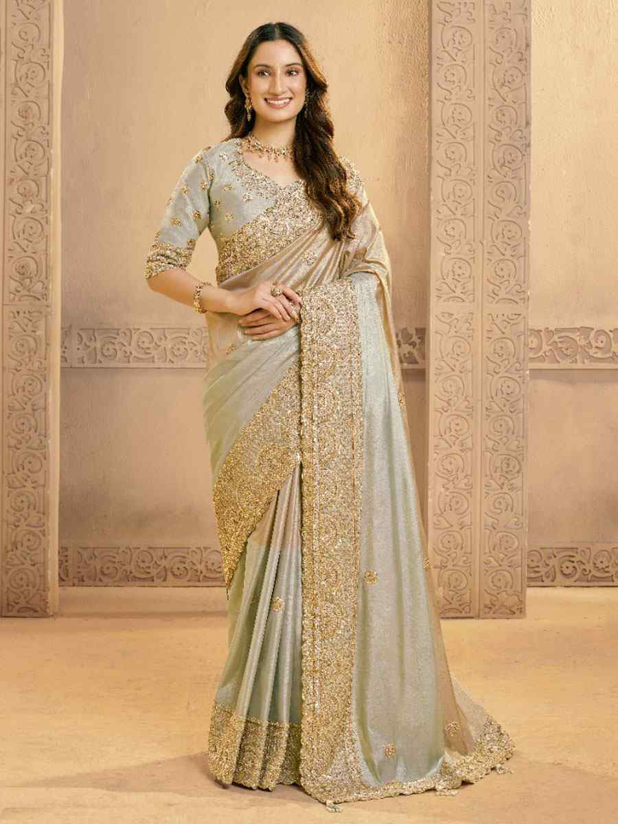 Grey Metallic Kora Zari Silk Embroidery Bridal Reception Party Festival Wedding Fancy Heavy Border Sarees