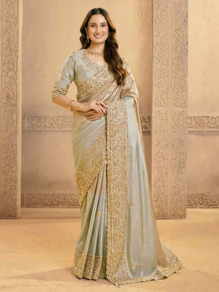 Image of Grey Metallic Kora Zari Silk Embroidery Bridal Reception Party Festival Wedding Fancy Heavy Border Sarees