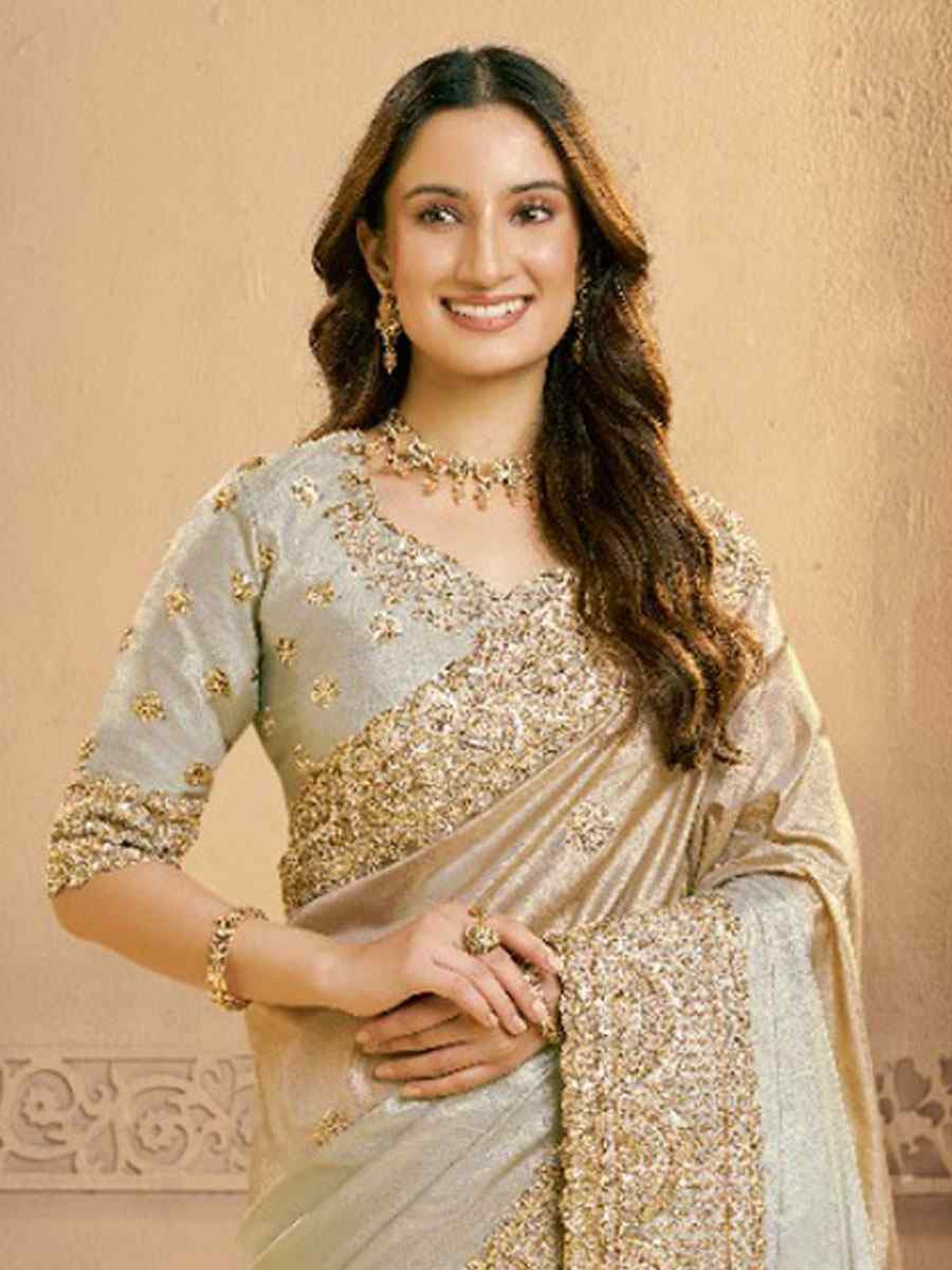 Grey Metallic Kora Zari Silk Embroidery Bridal Reception Party Festival Wedding Fancy Heavy Border Sarees