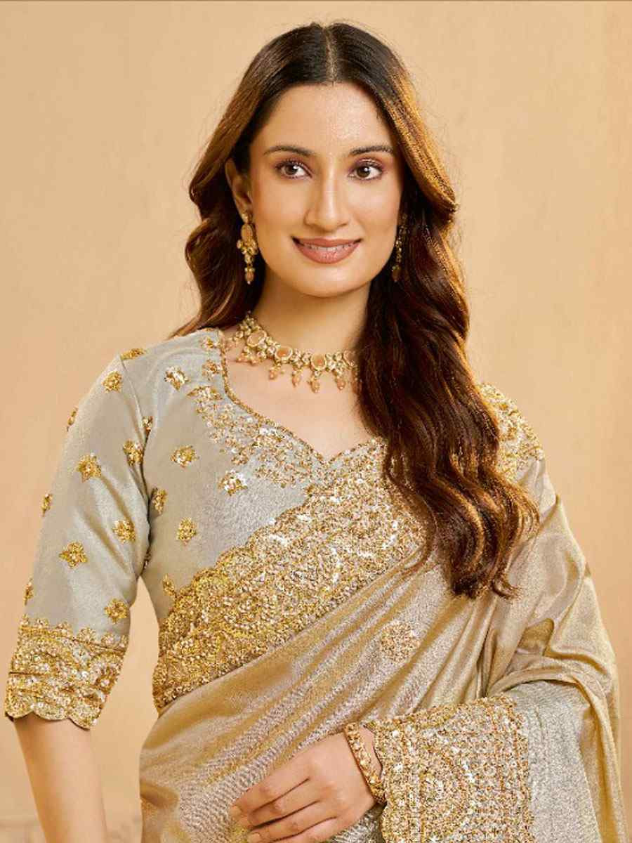 Grey Metallic Kora Zari Silk Embroidery Bridal Reception Party Festival Wedding Fancy Heavy Border Sarees