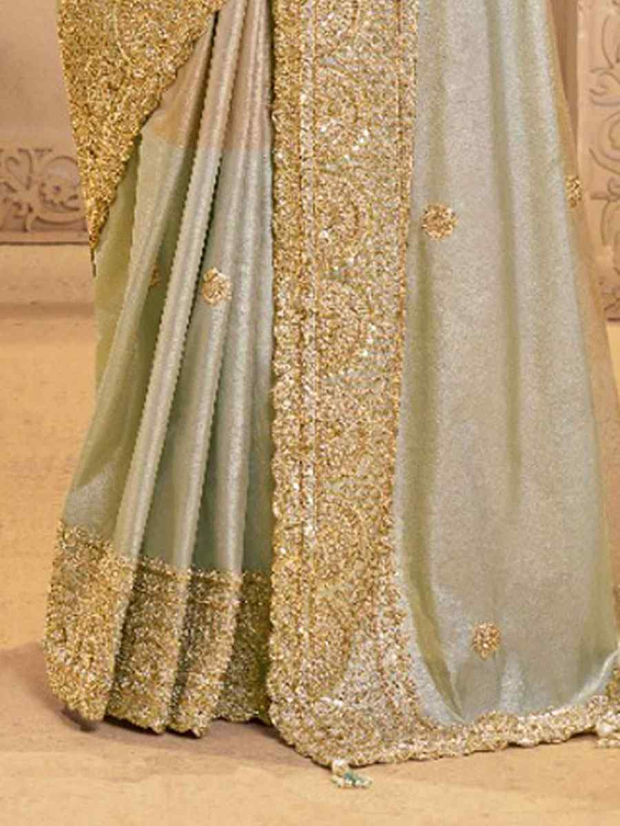 Grey Metallic Kora Zari Silk Embroidery Bridal Reception Party Festival Wedding Fancy Heavy Border Sarees