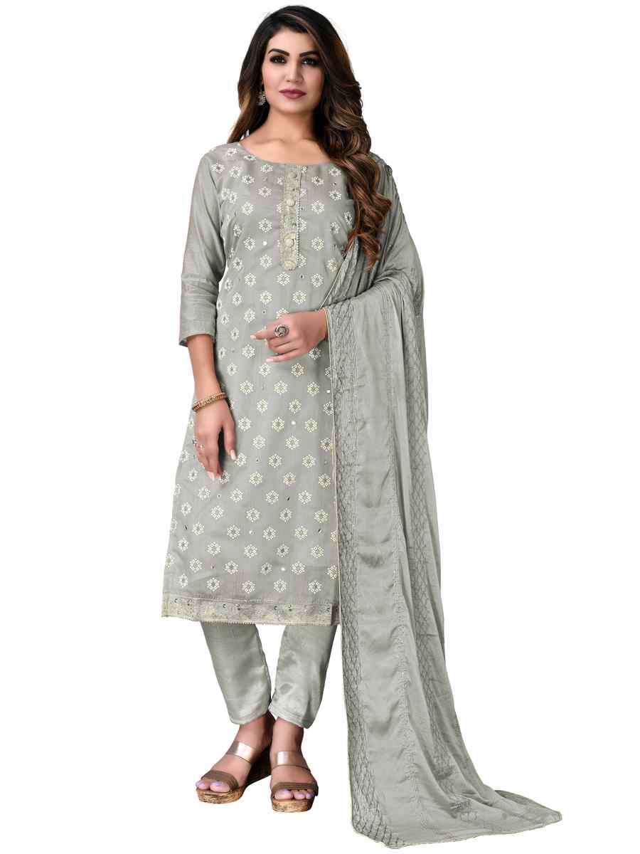 Grey Modal Chanderi  Embroidered Festival Wedding Pant Salwar Kameez