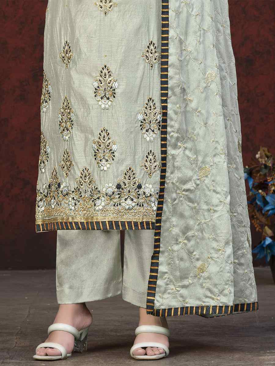 Grey Modal Chanderi Embroidered Casual Festival Pant Salwar Kameez