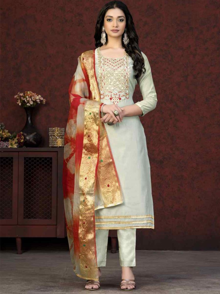 Grey Modal Chanderi Embroidered Casual Festival Pant Salwar Kameez