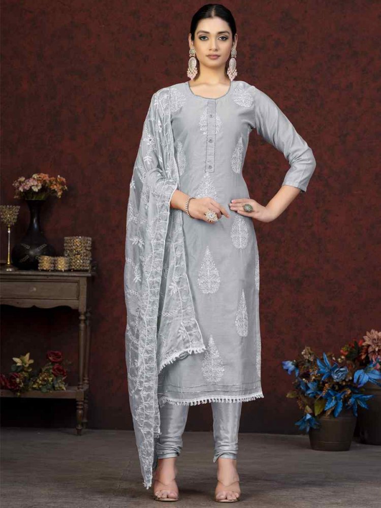 Grey Modal Chanderi Embroidered Casual Festival Pant Salwar Kameez