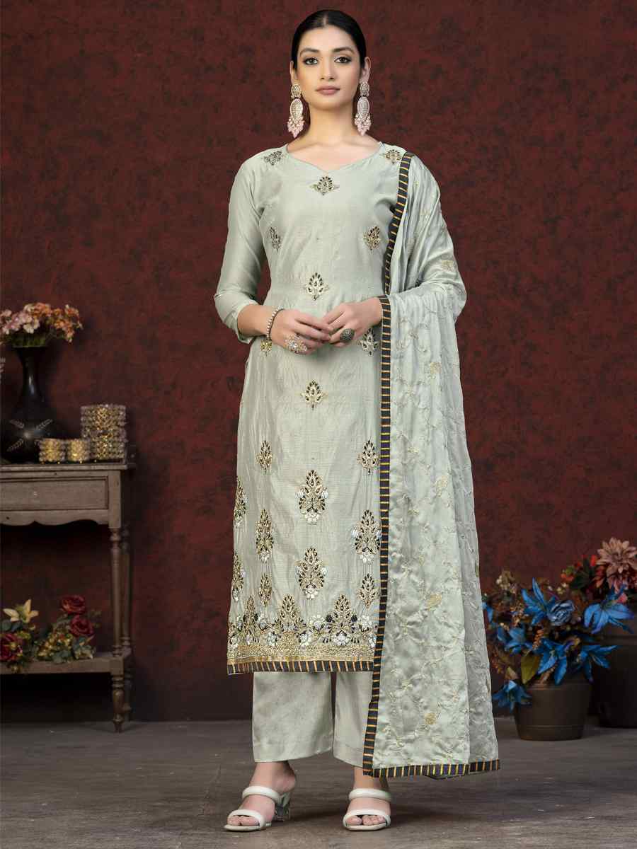 Grey Modal Chanderi Embroidered Casual Festival Pant Salwar Kameez