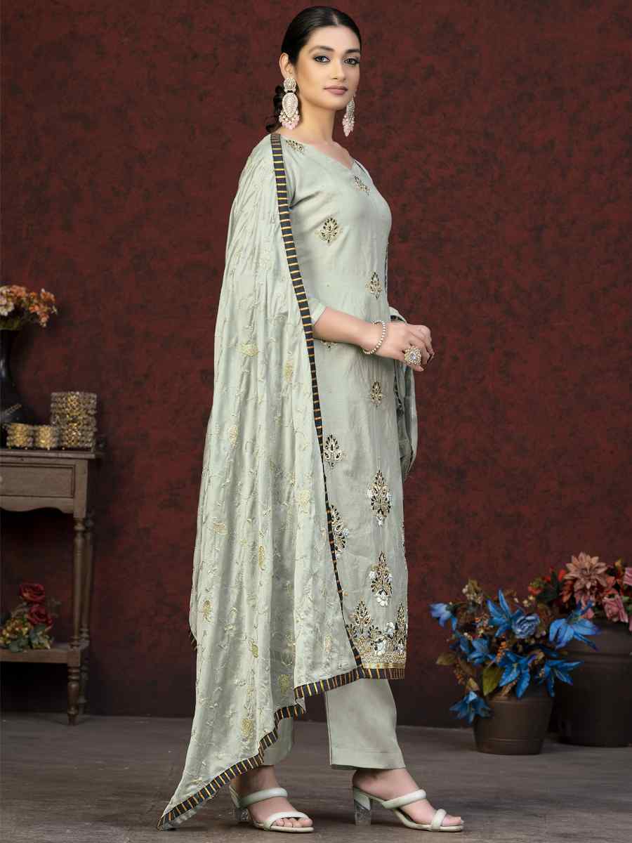 Grey Modal Chanderi Embroidered Casual Festival Pant Salwar Kameez