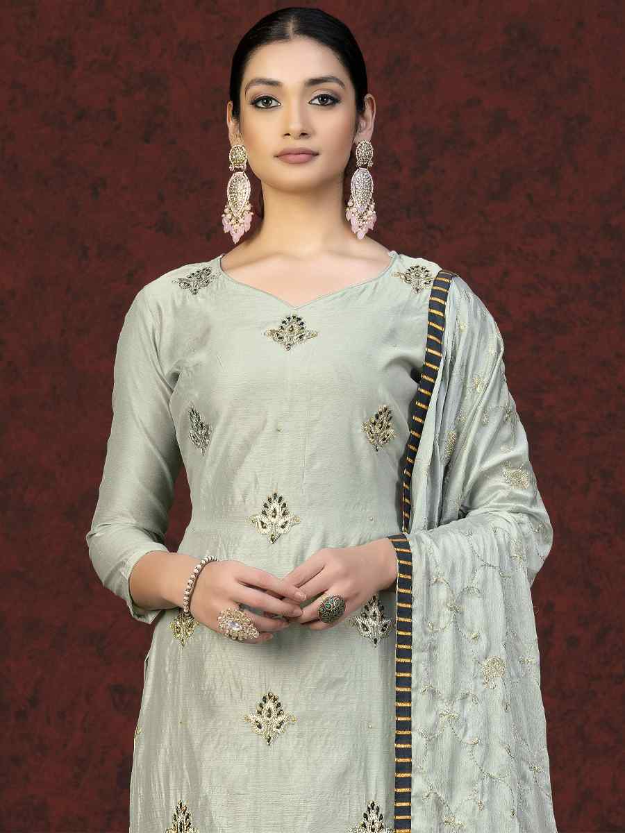 Grey Modal Chanderi Embroidered Casual Festival Pant Salwar Kameez