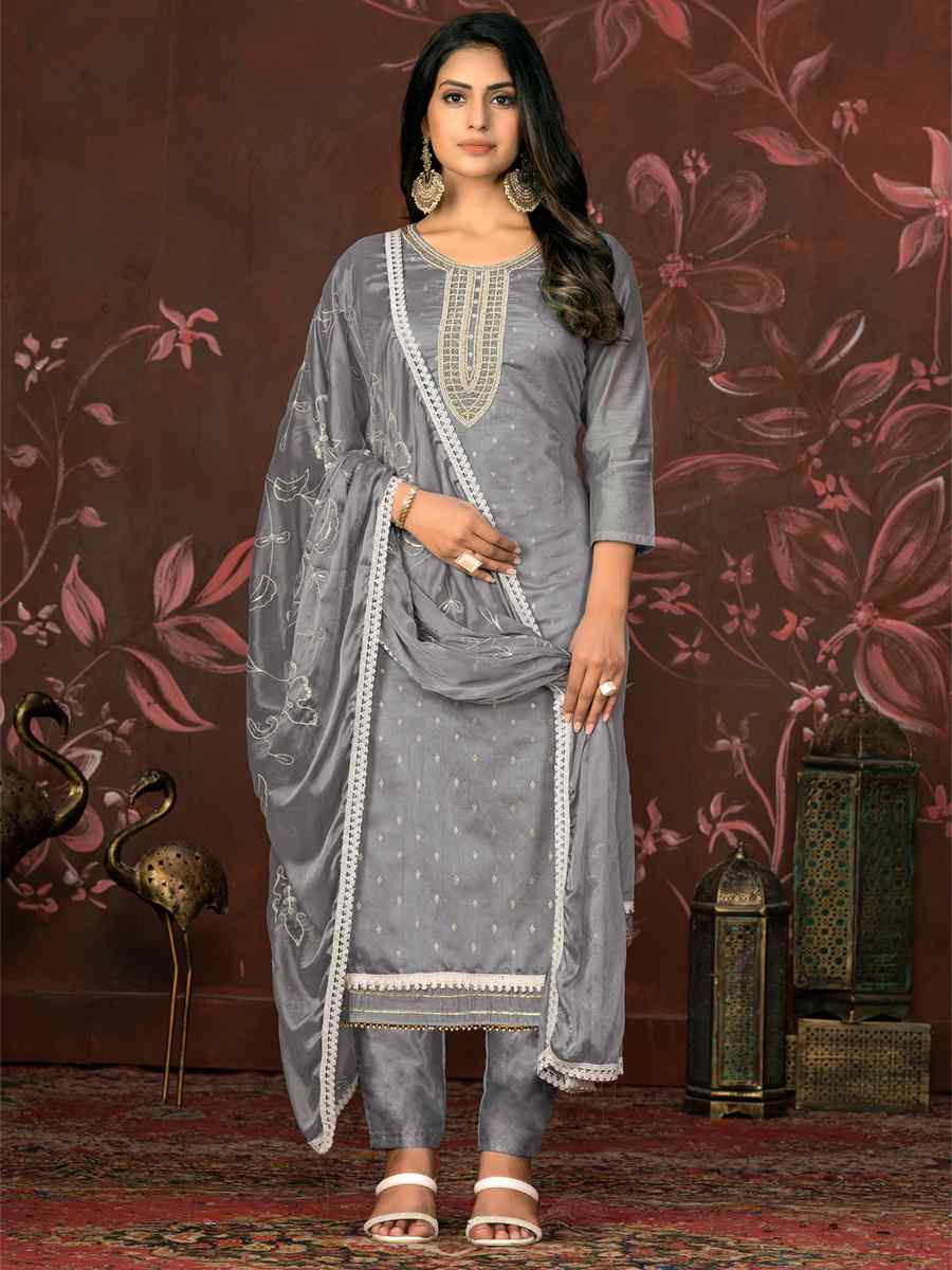 Grey Modal Cotton Embroidered Casual Festival Pant Salwar Kameez