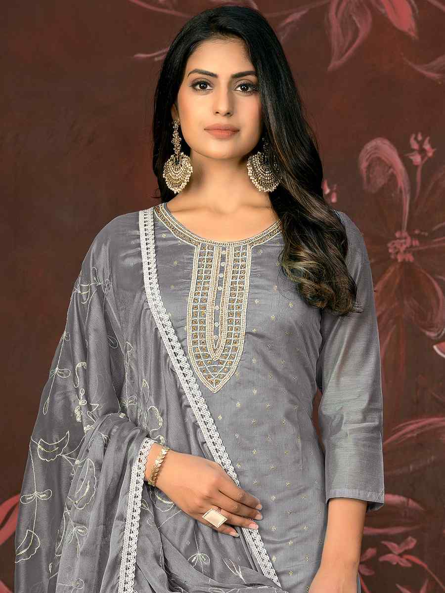 Grey Modal Cotton Embroidered Casual Festival Pant Salwar Kameez