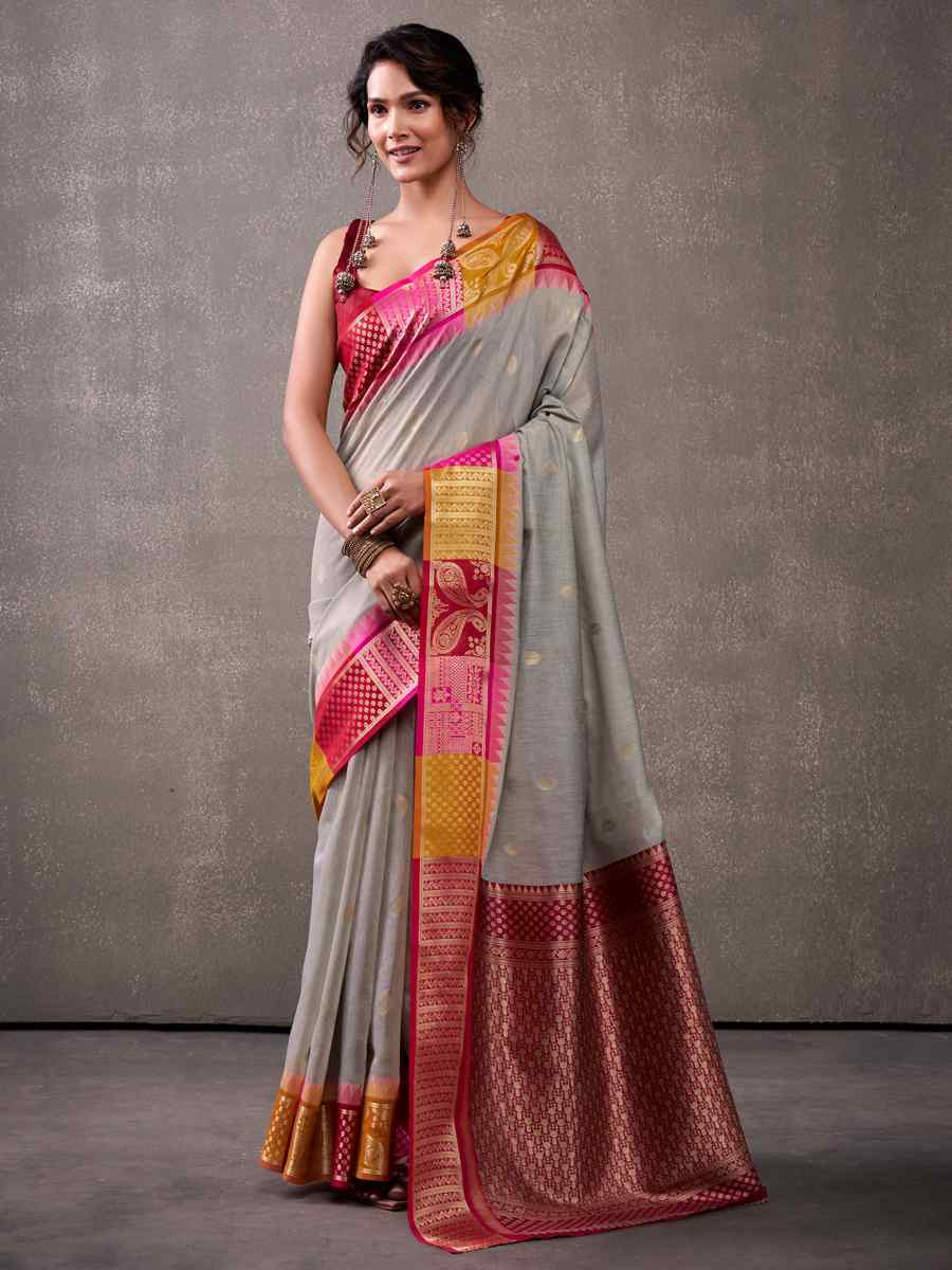 Grey Modal Cotton Handwoven Festival Wedding Fancy Heavy Border Saree
