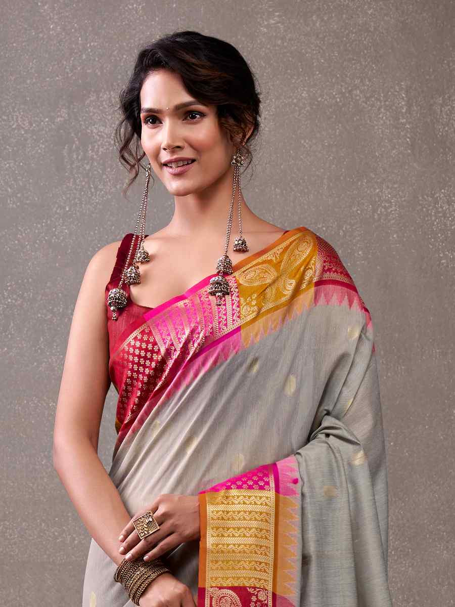 Grey Modal Cotton Handwoven Festival Wedding Fancy Heavy Border Saree