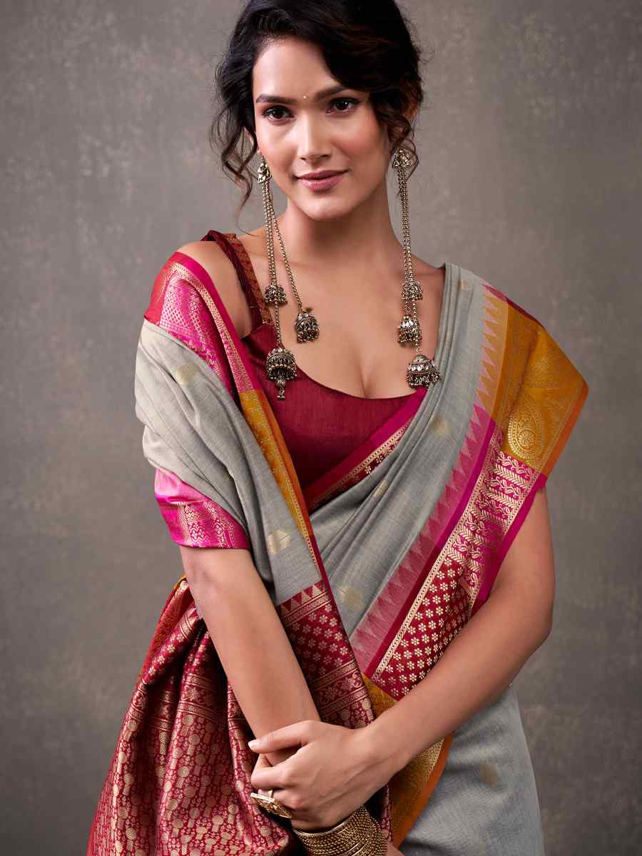 Grey Modal Cotton Handwoven Festival Wedding Fancy Heavy Border Saree