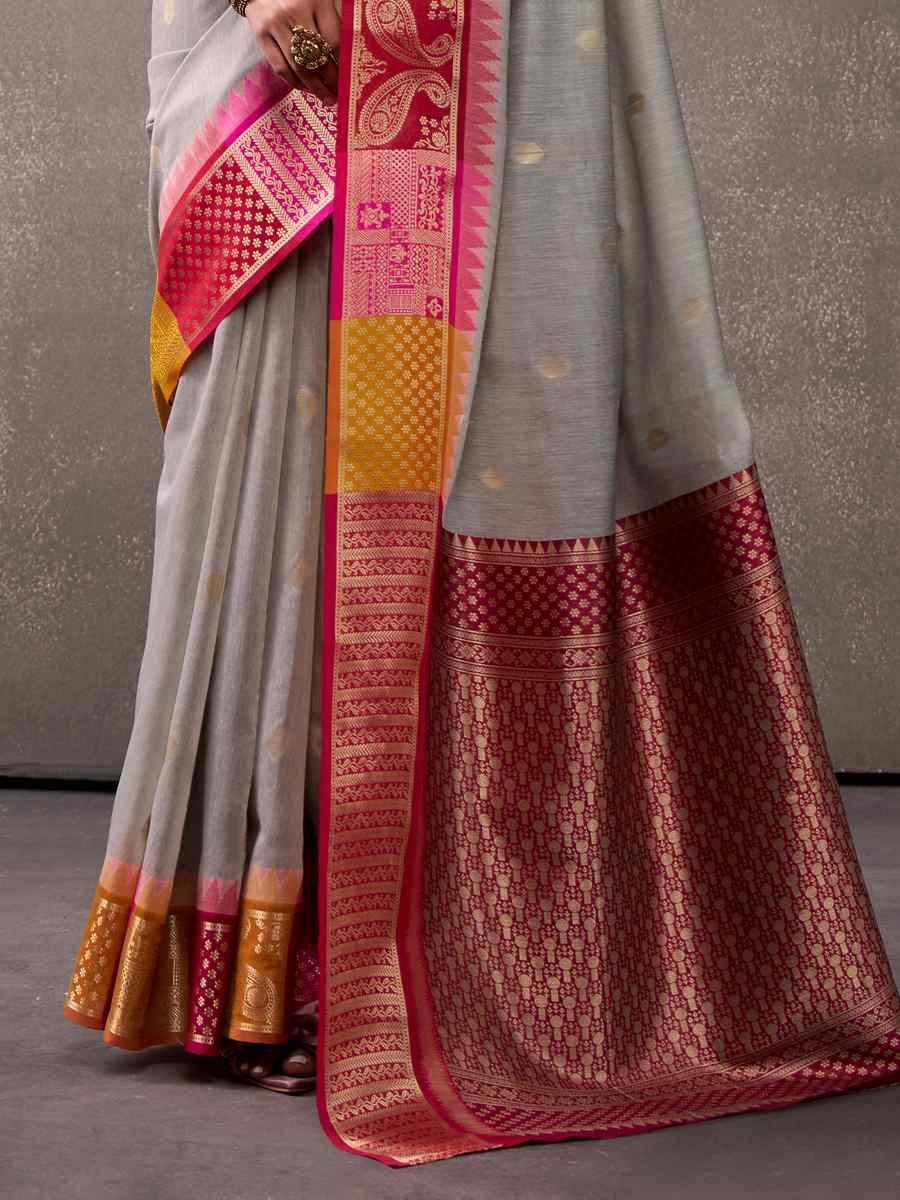 Grey Modal Cotton Handwoven Festival Wedding Fancy Heavy Border Saree