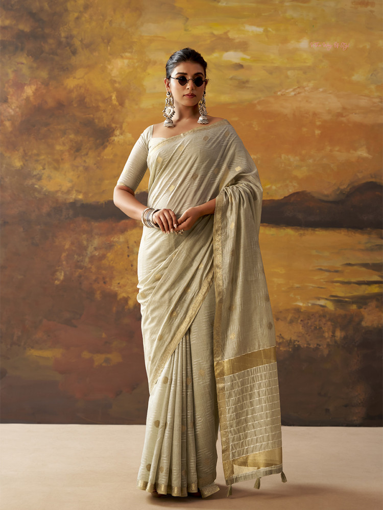 Image of Grey Modal Cotton Zari Weaving Wedding Reception Party Festival Casual Heavy Border Sarees