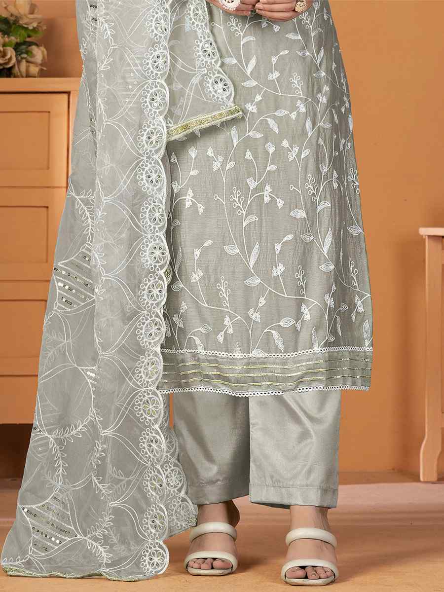 Grey Modal Silk Embroidered Casual Festival Pant Salwar Kameez