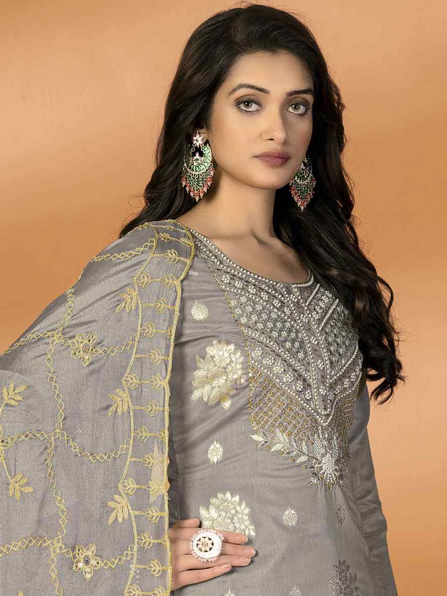 Grey Modal Silk Embroidered Casual Festival Pant Salwar Kameez