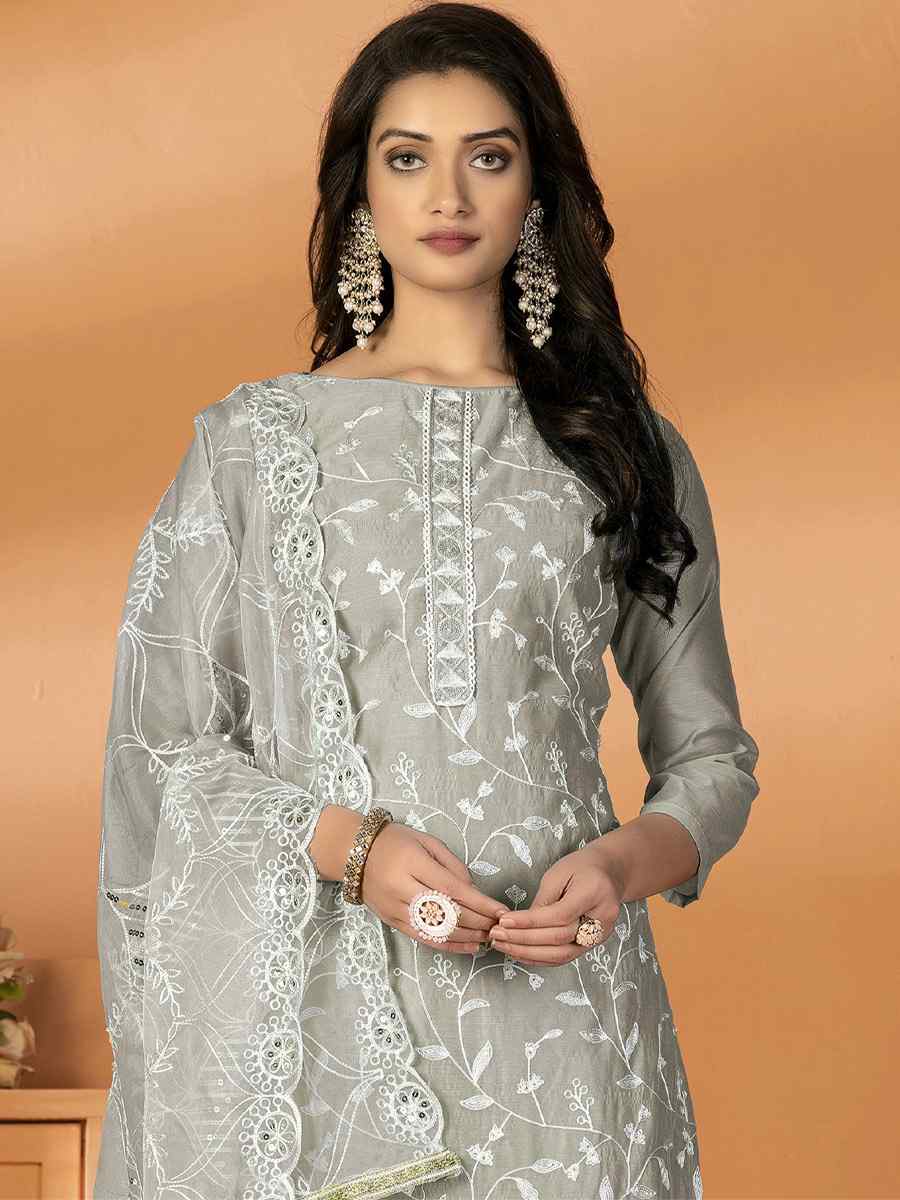 Grey Modal Silk Embroidered Casual Festival Pant Salwar Kameez