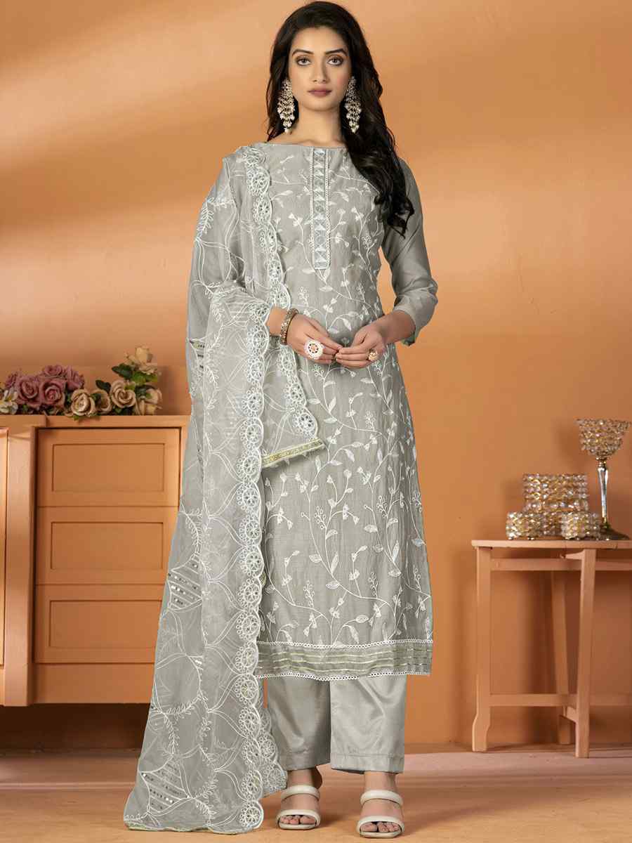 Grey Modal Silk Embroidered Casual Festival Pant Salwar Kameez