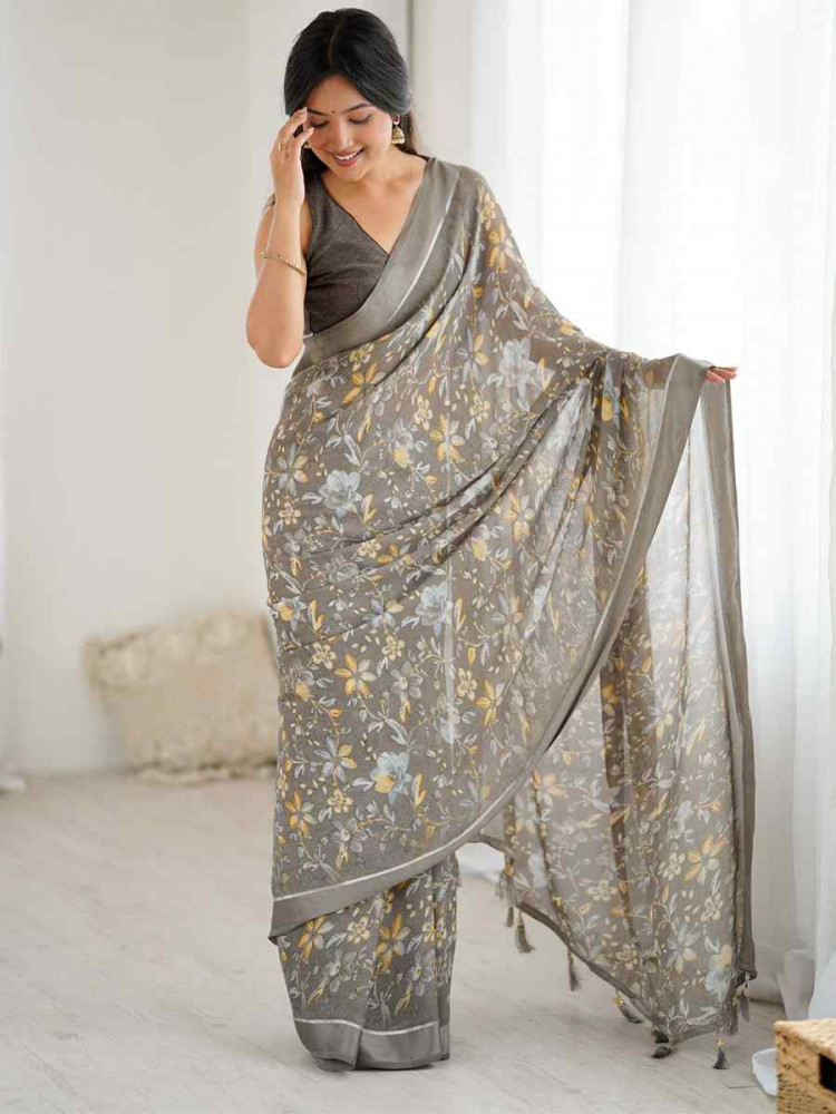 Image of Grey Moss Satin Patta Silk Printed Casual Reception Festival Wedding Fancy Classic Style Sarees