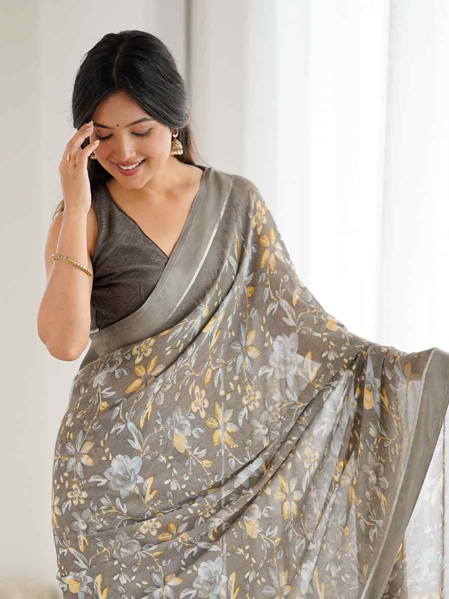 Grey Moss Satin Patta Silk Printed Casual Reception Festival Wedding Fancy Classic Style Sarees