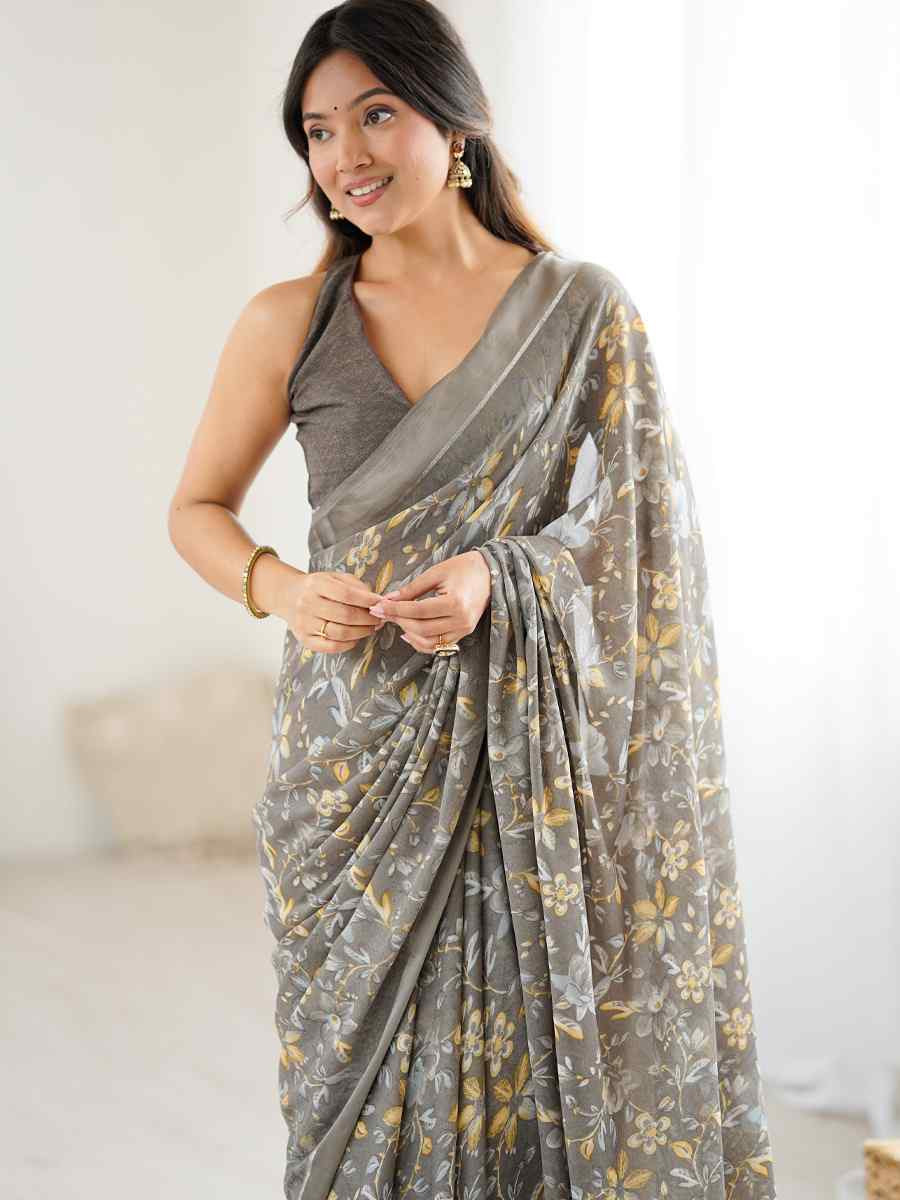 Grey Moss Satin Patta Silk Printed Casual Reception Festival Wedding Fancy Classic Style Sarees