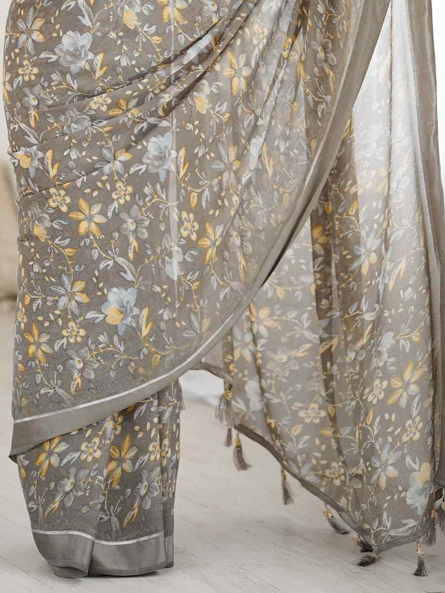 Grey Moss Satin Patta Silk Printed Casual Reception Festival Wedding Fancy Classic Style Sarees