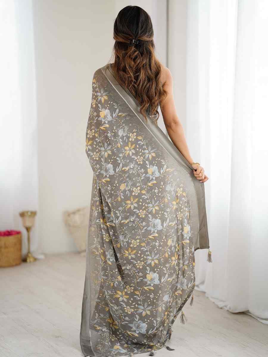 Grey Moss Satin Patta Silk Printed Casual Reception Festival Wedding Fancy Classic Style Sarees