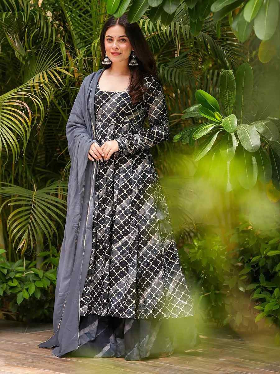 Grey Muslin Cotton Printed Party Wedding Festival Casual Ready Anarkali Salwar Kameez