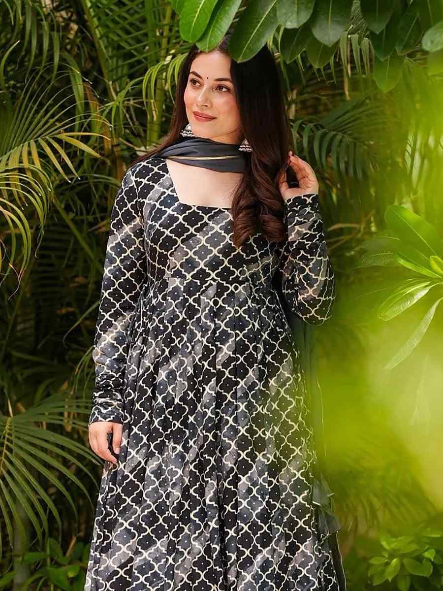 Grey Muslin Cotton Printed Party Wedding Festival Casual Ready Anarkali Salwar Kameez