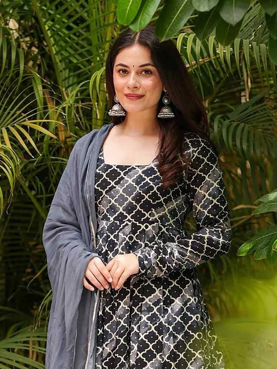 Grey Muslin Cotton Printed Party Wedding Festival Casual Ready Anarkali Salwar Kameez