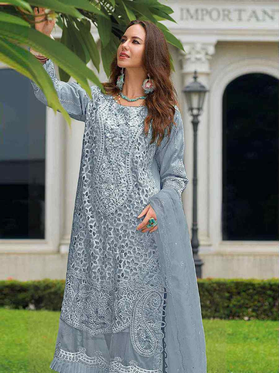 Grey Naylon Organza Embroidered Festival Wedding Pant Salwar Kameez