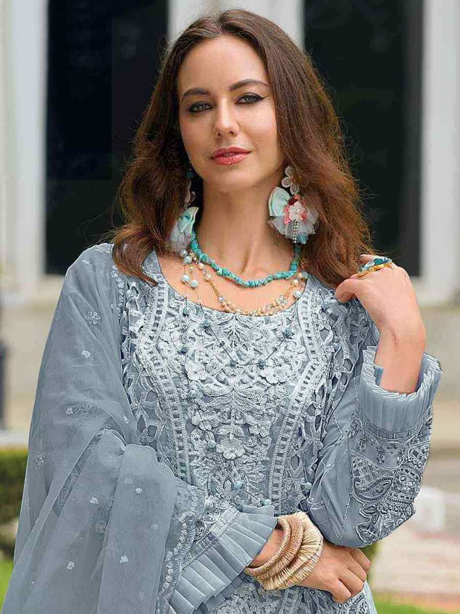 Grey Naylon Organza Embroidered Festival Wedding Pant Salwar Kameez