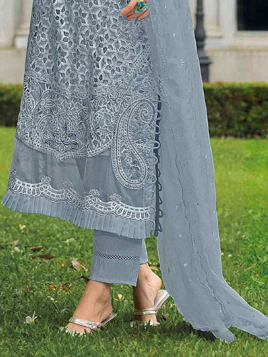 Grey Naylon Organza Embroidered Festival Wedding Pant Salwar Kameez
