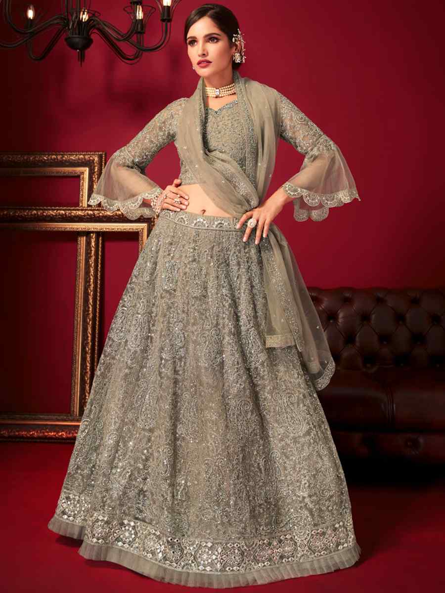 Grey Net Embroidered Bridal Reception Heavy Border Lehenga Choli