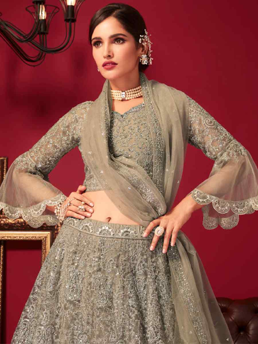Grey Net Embroidered Bridal Reception Heavy Border Lehenga Choli