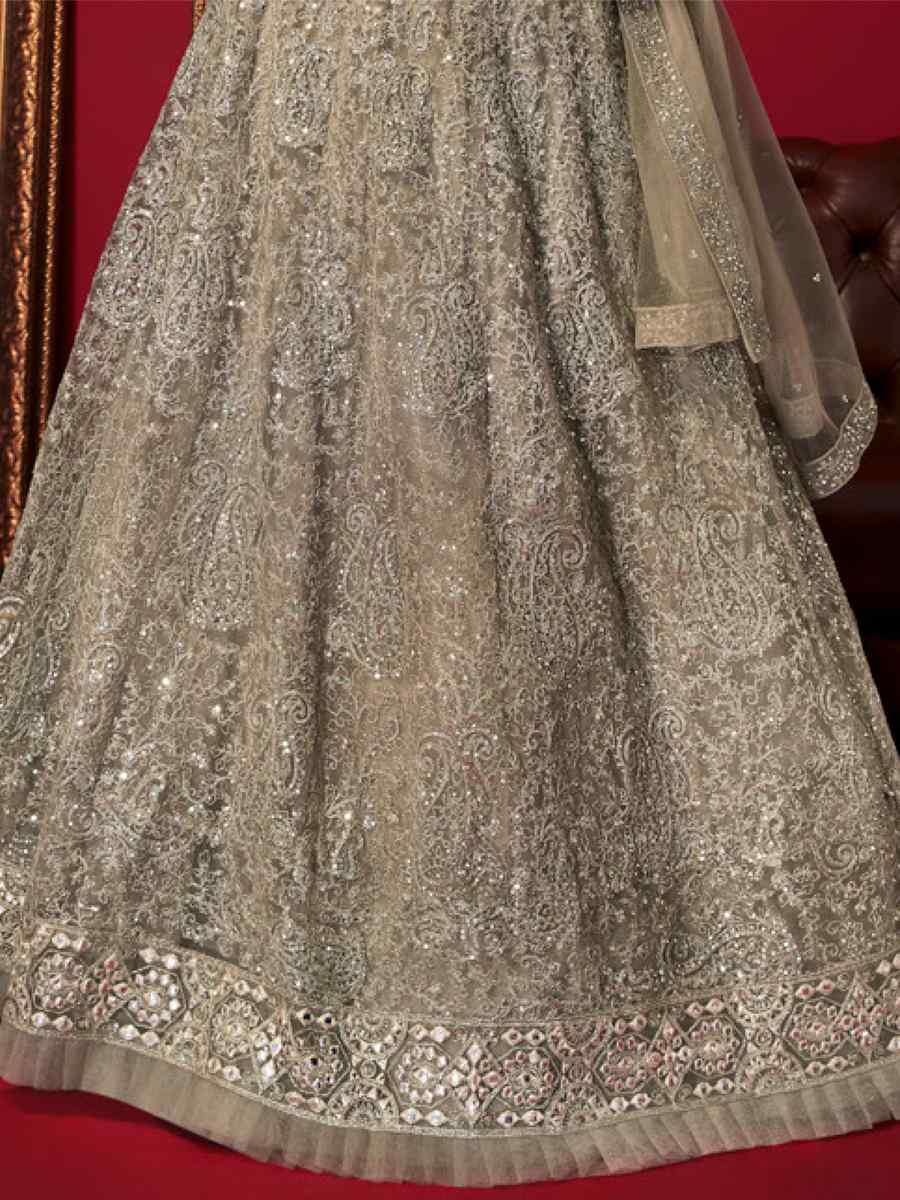 Grey Net Embroidered Bridal Reception Heavy Border Lehenga Choli