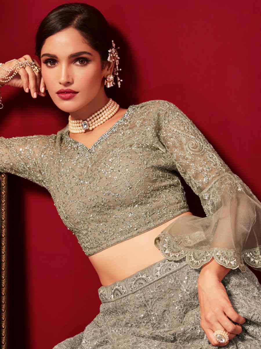 Grey Net Embroidered Bridal Reception Heavy Border Lehenga Choli