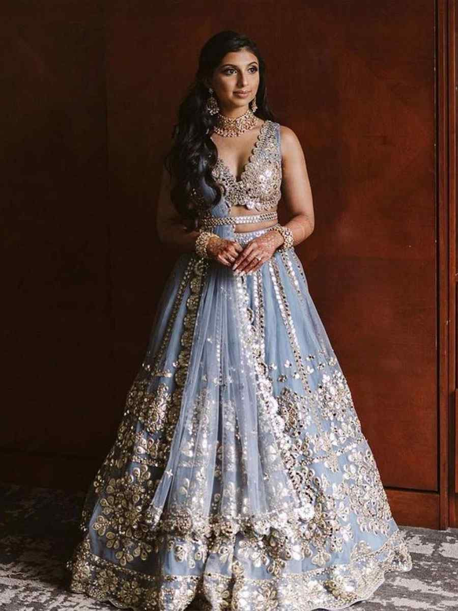 Grey Net Embroidered Bridal Wedding Reception Festival Heavy Border Lehenga Choli