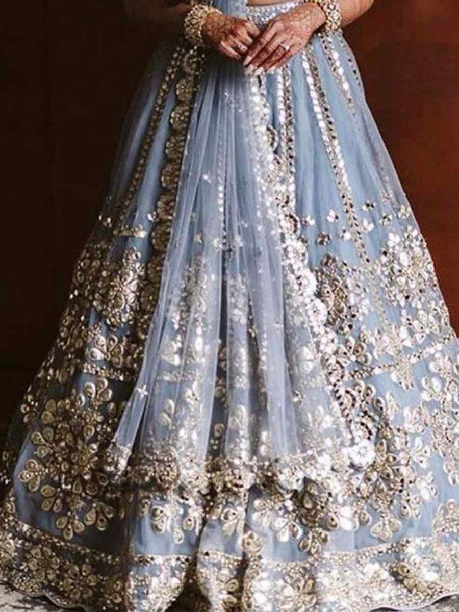 Grey Net Embroidered Bridal Wedding Reception Festival Heavy Border Lehenga Choli
