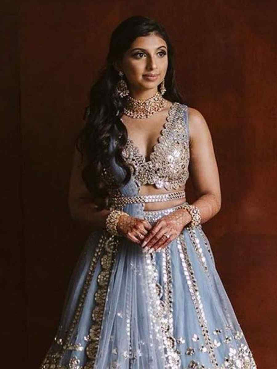 Grey Net Embroidered Bridal Wedding Reception Festival Heavy Border Lehenga Choli